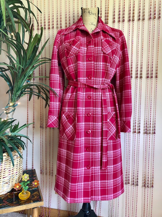 1960s Deadstock Pink Mod Plaid Button Up Dress