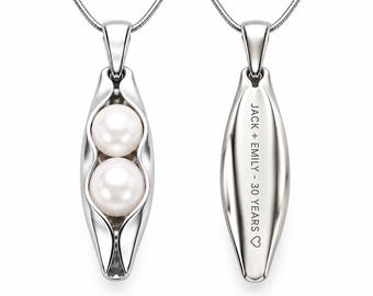 Personalised 30th Anniversary Pearl Necklace - Engraved Two Peas in a Pod - Sterling Silver or 14K Gold Filled