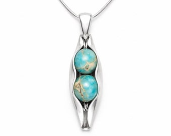 Turquoise Jasper Necklace - Personalized Two Peas in a Pod Necklace - Sterling Silver or 14K Gold Filled - Custom Engraved