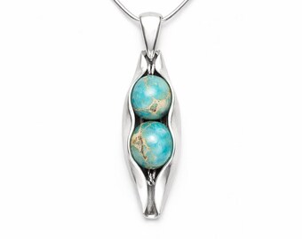 Engraved Sterling Silver Two Peas in a Pod Necklace: Turquoise Jasper Birthstones