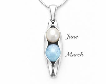 Custom Birthstone Anniversary Necklace - Sterling Silver Peas in a Pod Pendant