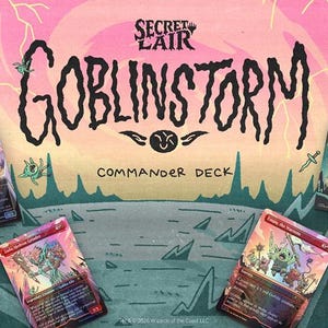 May include: A Secret Lair Goblinstorm Commander Deck playmat featuring a pink and green landscape with cartoon goblins, lightning, and mountains. Five Magic: The Gathering trading cards are arranged on the mat, displaying colorful illustrations.