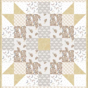 May include: A baby quilt with a repeating pattern of teddy bears, balloons, clouds, and crescent moons in pastel colours. The quilt has a border with teddy bears on clouds and a patchwork design with squares and triangles.