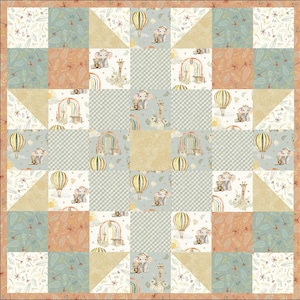 May include: A patchwork quilt featuring a repeating pattern of squares with illustrations of elephants, giraffes, hot air balloons, and rainbows in soft pastel shades of peach, sage green, and cream, finished with a solid peach-coloured border.