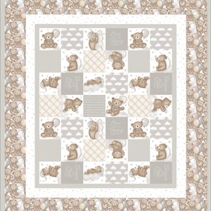 May include: A patchwork quilt featuring a repeating pattern of brown teddy bears, clouds, stars, and balloons in soft beige and white tones. Several squares contain the text "Love You Beary Much" and "Dream Big Little One" in a script font.