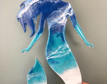 Mermaid Ocean Waves Beach Inspired Blue Aqua White Epoxy Resin Art with Sand Wood Wall Decor Girls Room Gift Idea