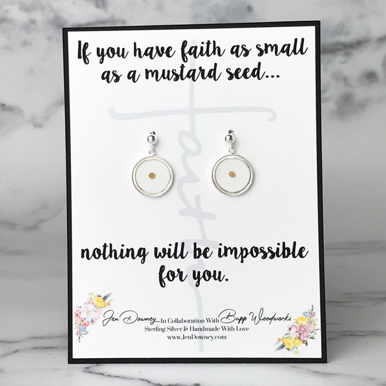 Mustard Seed Clear Resin Circle Pendant Charm Sterling Silver Earrings Set Faith Quote Gift Idea