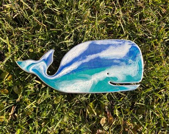 Whale Ocean Waves Beach Inspired Blue Aqua White Epoxy Resin Art Wood Wall Decor Gift Idea
