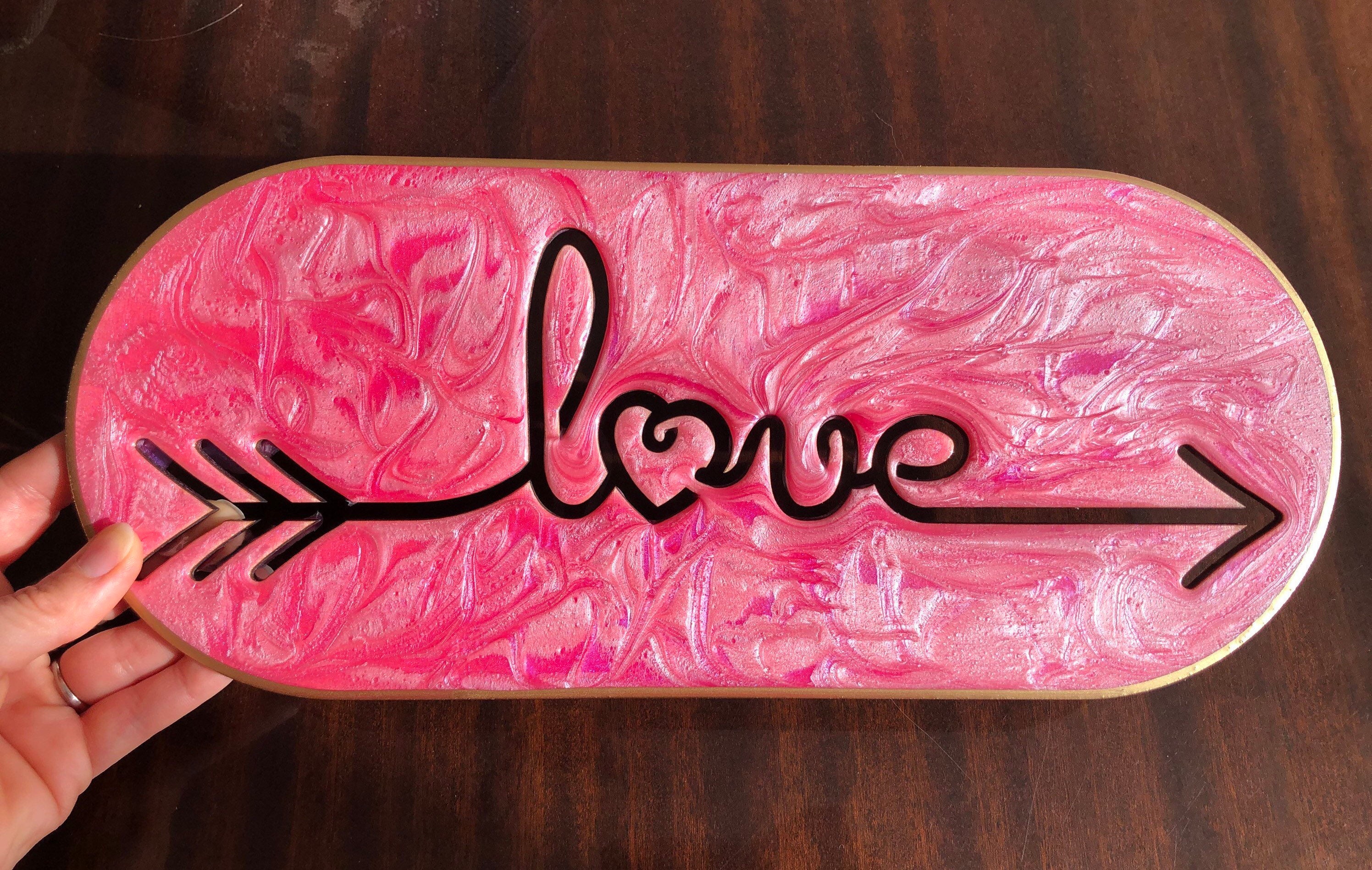 Love Arrow Hot Pink Pearl White Swirl Epoxy Resin Art Wood Wall