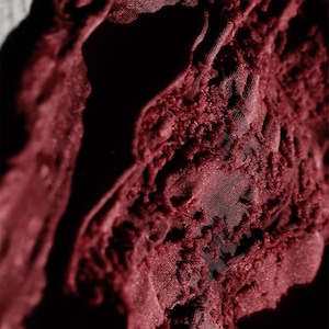 May include: Close-up of a textured, claret-coloured fabric with a layered, organic design. The fabric has a soft, velvety appearance with intricate details and a dark background, creating a dramatic effect.