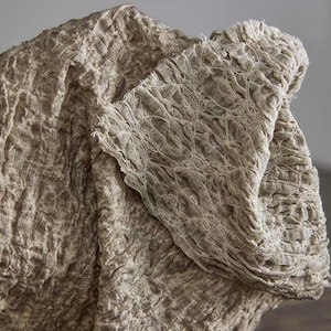 May include: Close-up of a beige, textured fabric with a crinkled appearance. The fabric has a woven design with a delicate, net-like pattern on the edge. The material appears soft and draped.