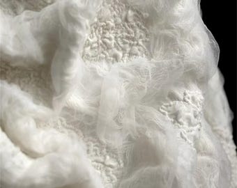 DDP | Cream Silky Mist Burnout 3D Pleated Textured Stretch Embroidered Mesh Fabric,Suitablefor Journaling,Scrapbooking,Artistic Handicrafts