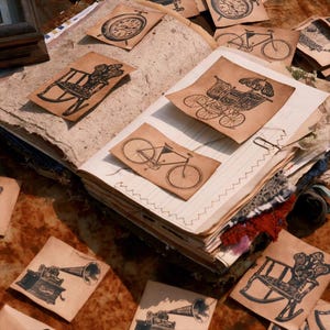 May include: A collection of tan paper scraps featuring black ink illustrations of vintage items including a rocking chair, a bicycle, a baby carriage, a gramophone, and a pocket watch, all arranged on top of an open notebook with lined pages.