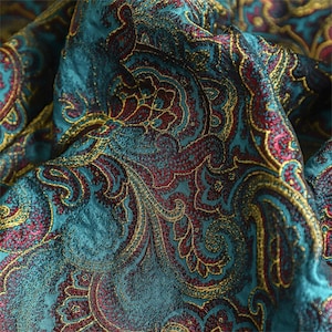 Puede incluir: Una tela con un denso estampado de cachemira en tonos azul cerceta, rojo intenso y oro metálico. El material presenta una superficie tejida y texturizada con intrincados motivos de remolinos que se repiten por todo el tejido drapeado.