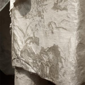Può includere: Primo piano di un tessuto con un disegno paesaggistico. Il tessuto presenta una palette di colori tenui con un motivo dettagliato di montagne, alberi e altri elementi naturali. Il tessuto sembra morbido e drappeggiato.