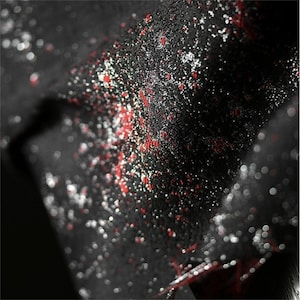 May include: Close-up of a textured black fabric with scattered red and silver flecks. The fabric appears to be folded, creating shadows and highlights that emphasise the texture and colour variations. The overall effect is a dark, yet sparkling appearance.