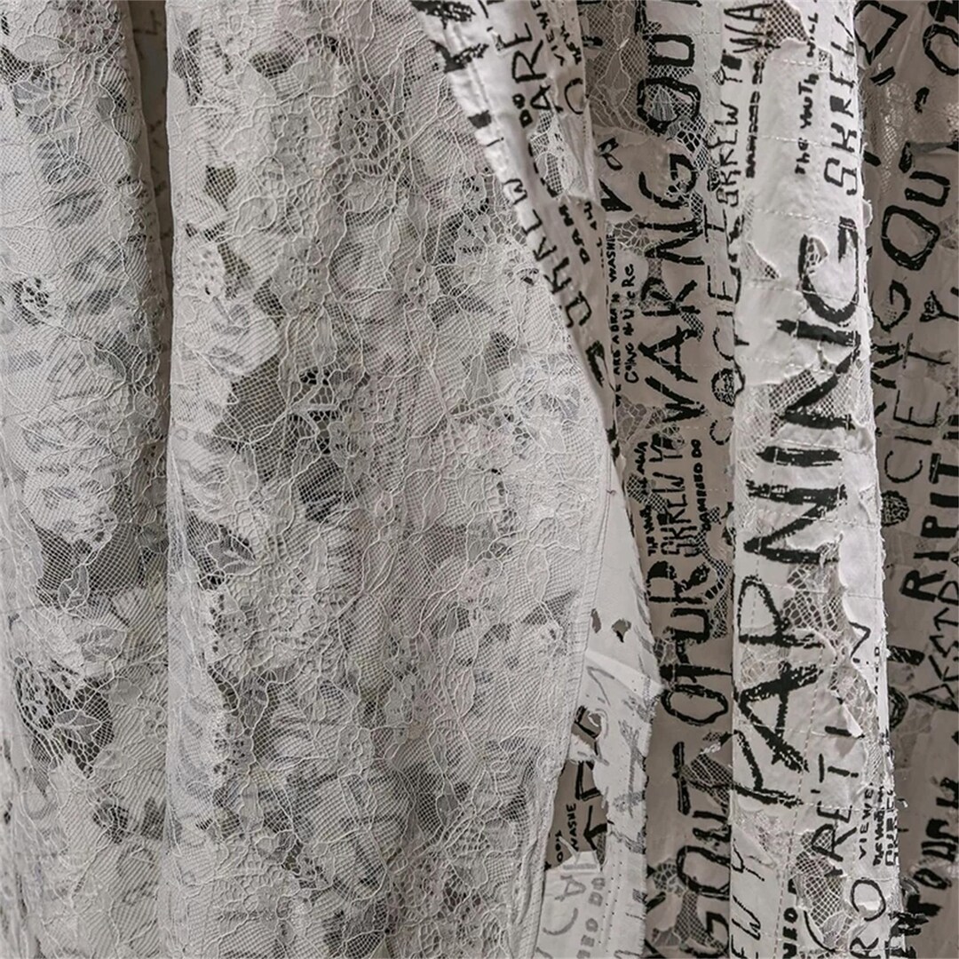 DDP | Black and White Graffiti Letter Distressed Textured Lace Fabric ...