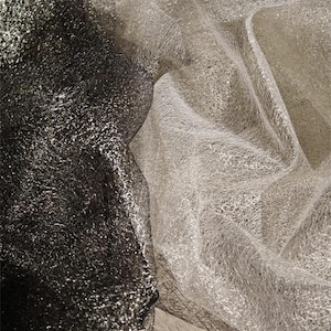 Könnte beinhalten: Nahaufnahme von zwei Stoffabschnitten, einem schwarzen und einem silbernen. Die Stoffe sind transparent und haben eine zarte, netzartige Textur. Das Licht reflektiert sich auf den Oberflächen und erzeugt einen schimmernden Effekt. Der Stoff ist drapiert und gefaltet.