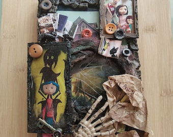 Handmade Junk Journal Film Coraline Inspired Unique Vintage Leather Diary Notebook With Photo Frame Light Up Lamp Halloween Gift 3D Clip Art