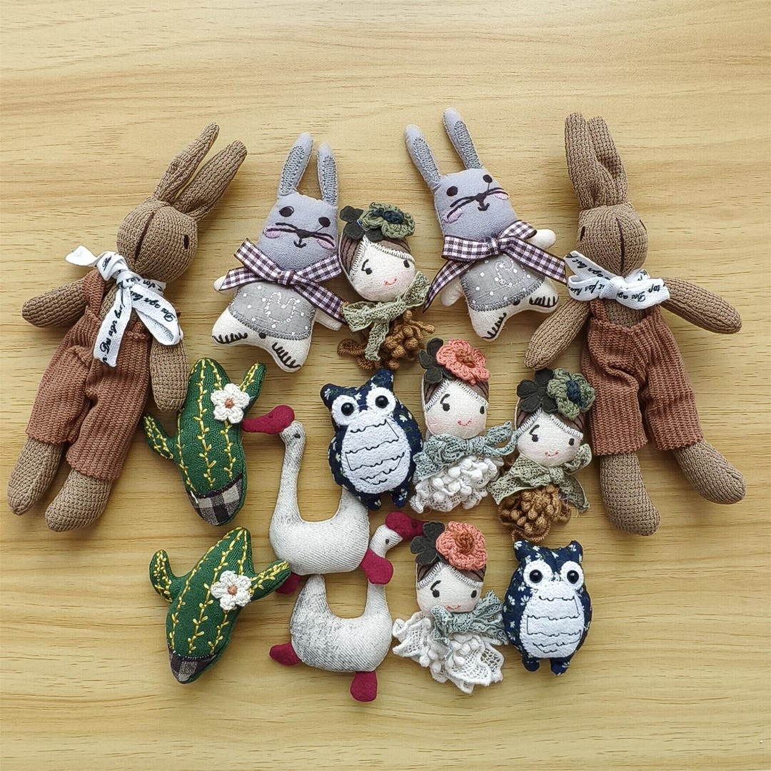 DDP | 3pcs Hand-sewn 3D Mini Plush Rabbit Goose Owl Little Girl Cactus ...