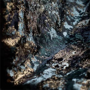 May include: Abstract image of a textured fabric with a dark teal and black base, accented with shimmering gold flecks. The fabric appears to be draped, creating a sense of depth and movement. The overall effect is luxurious and artistic.