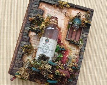 Könnte beinhalten: Ein dekoratives Stück im rustikalen Stil mit einer Weinflasche mit der Aufschrift "Langhe Nebbiolo" mit Korken, vor dem Hintergrund von gealtertem Papier und Kunstmoos. Das Stück enthält ein kleines Fenster und ist mit ziegelartigen Elementen umrahmt.