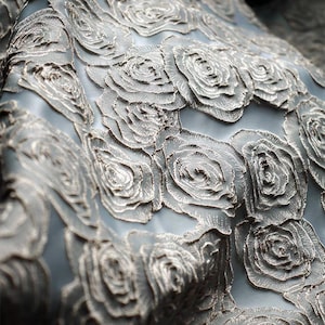 Può includere: Primo piano di un tessuto con un motivo a rose ripetuto. Le rose sono di colore argento chiaro e risaltano dallo sfondo blu-grigio. Il tessuto ha un aspetto strutturato ed è probabilmente utilizzato per abbigliamento o arredamento.