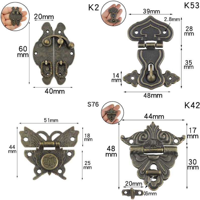Pode incluir: Conjunto de fechos de trava de lat&atilde;o de estilo antigo com designs intrincados. Os fechos est&atilde;o dispon&iacute;veis em v&aacute;rias formas, incluindo borboleta, cora&ccedil;&atilde;o e volutas ornamentadas. Cada fecho apresenta um design detalhado e mede aproximadamente 5-8 cm de comprimento.