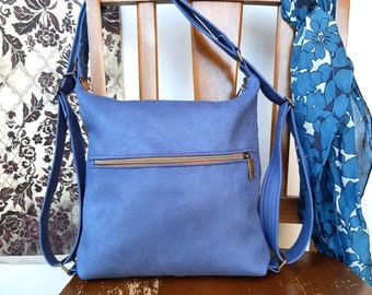 Convertible Backpack Shoulder hobo handbag in blue | Suede fabric durable every day wear