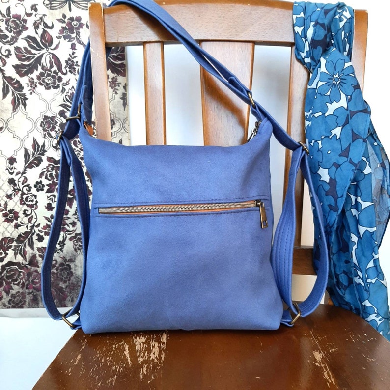 Convertible Backpack Shoulder hobo handbag in blue Suede fabric durable every day wear image 1