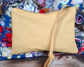 Genuine leather Butter Yellow clutch with zipper closure, knot wristlet. Leather bag, zipper pouch, leather handbag. Valentine gift for her