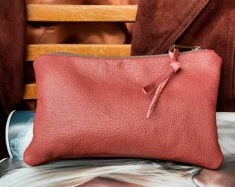 Genuine leather Rose clutch with zipper closure. Leather bag, zipper pouch, leather handbag. Valentines gift