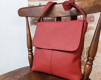 Snapdragon Red Genuine Leather handbag, Messenger satchel flap, adjustable crossbody or shoulder bag purse manbag.