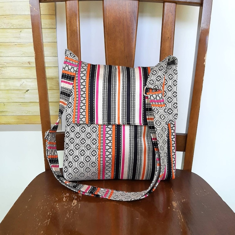 Stripes satchel flap messenger cross body crossbody shoulder handbag bag purse made from upholstery fabric
