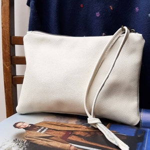 White Leather Clutch: Zipper Pouch with Knot Wristlet
