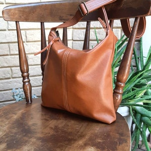 Tan Genuine Leather Handbag hobo style, crossbody or shoulder slouch bag image 1