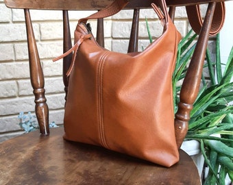 Tan Genuine Leather Handbag hobo style, crossbody or shoulder slouch bag