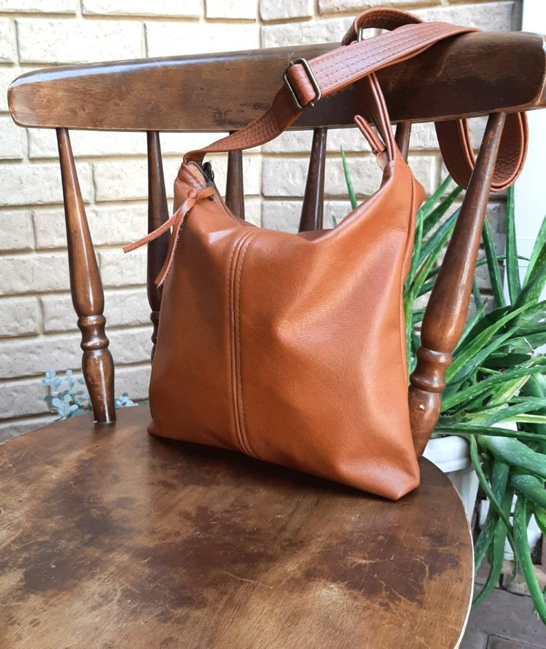 Tan Genuine Leather Handbag hobo style, crossbody or shoulder slouch bag image 1