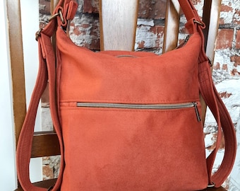 Convertible Backpack Shoulder hobo handbag in Orange | Suede fabric durable every day wear