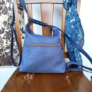 Convertible Backpack Shoulder hobo handbag in blue Suede fabric durable every day wear image 7