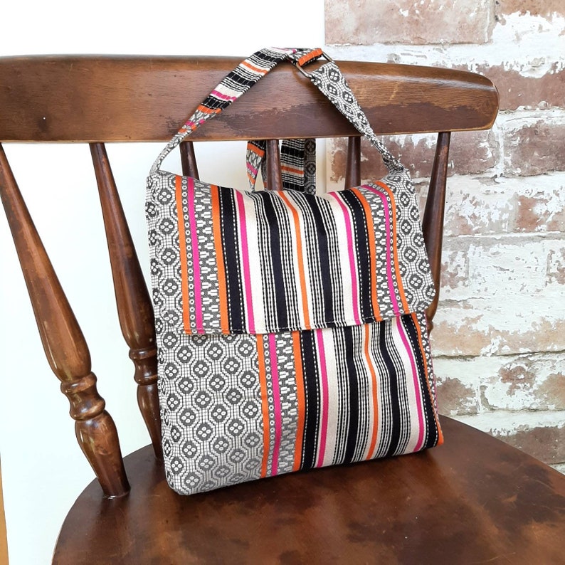 Stripes satchel flap messenger cross body crossbody shoulder handbag bag purse made from upholstery fabric