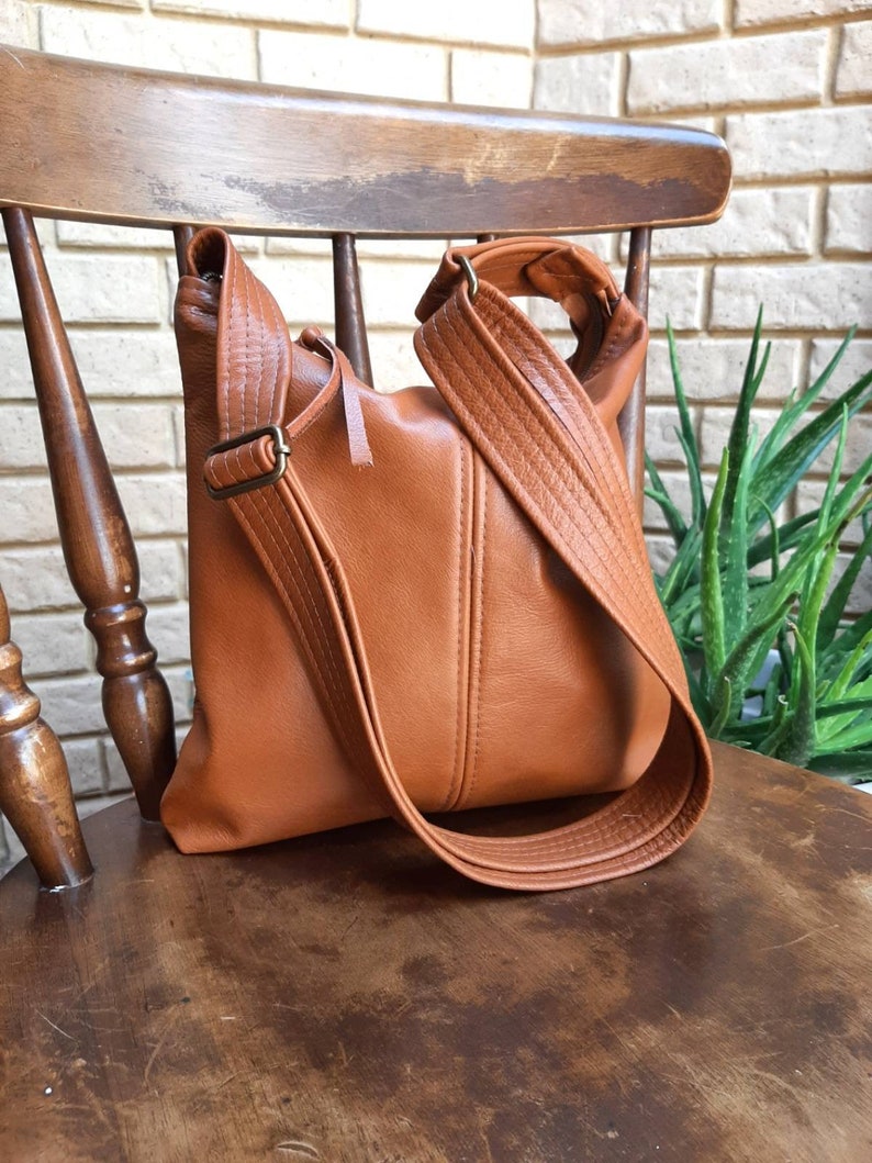 Tan Genuine Leather Handbag hobo style, crossbody or shoulder slouch bag image 8