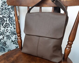 Genuine Leather handbag in Caffeine Brown. Messenger satchel flap cross body crossbody shoulder bag purse manbag.