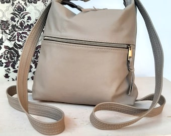 Convertible Backpack Shoulder hobo handbag in Genuine Leather Light brown tan