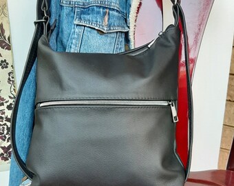 Black Convertible Backpack Shoulder hobo handbag in Genuine Leather