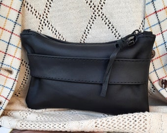 Genuine leather Black leather clutch with zipper closure and hand Strap Leather bag, zipper pouch, leather handbag. Gift idea