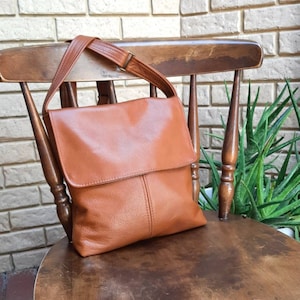 Tan Full grain  Leather Handbag, 100% leather. Messenger style satchel flap crossbody shoulder bag purse manbag