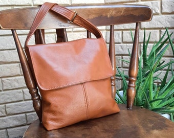 Tan Genuine Leather Handbag, 100% leather. Messenger style satchel flap crossbody shoulder bag purse manbag