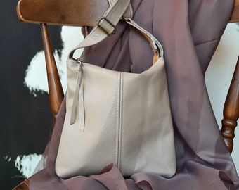 Nude stone Genuine Leather Handbag in Light Pumice 100% Leather hobo with adjustable crossbody strap,  slouch bucket bag