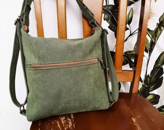 Convertible Backpack Shoulder hobo handbag in green | Suede fabric durable every day wear